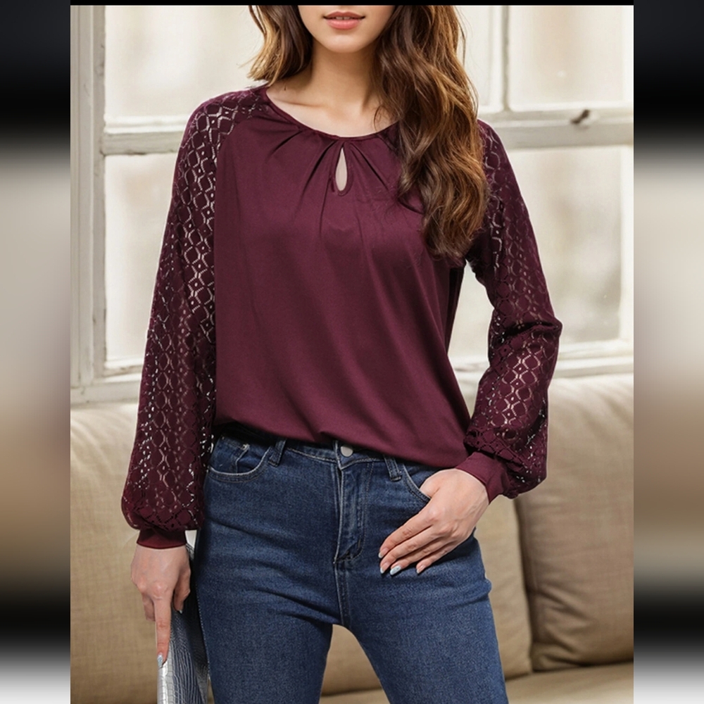 ❤️Chic Burgundy Lace Sleeve Blouse - Picture 2 of 10